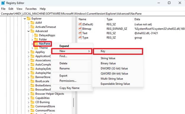 Open Registry Editor Find and Right Click Navpane select new and then key