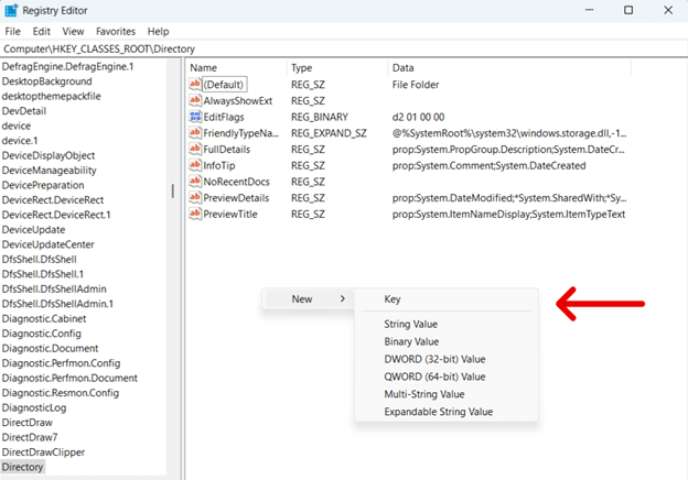 Registry Editor window, Right-click on the shell key inside the selected path and Choose New > Key.