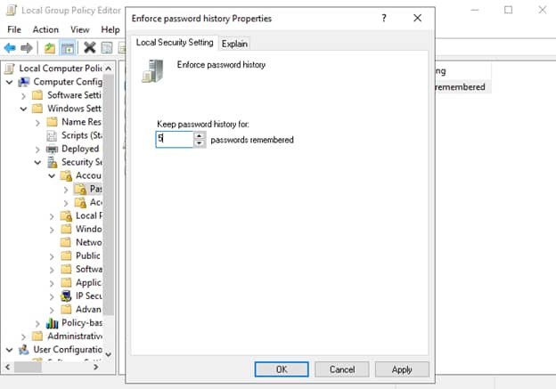 Enforce password history Properties selecting number to keep password history for