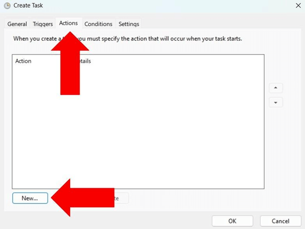 Create task window, click Actions tab and press New