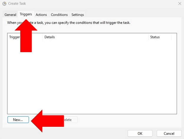 Create Task window click Triggers tab and press New