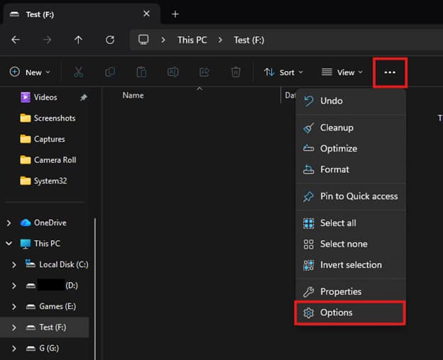 Options from File Explorer ribbon