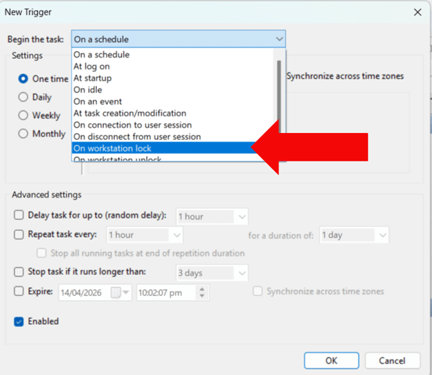 New Trigger window, Click the Begin the task drop-down and select On workstation lock then OK.