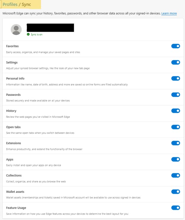 Synchronisierung unter Profileinstellungen verwalten