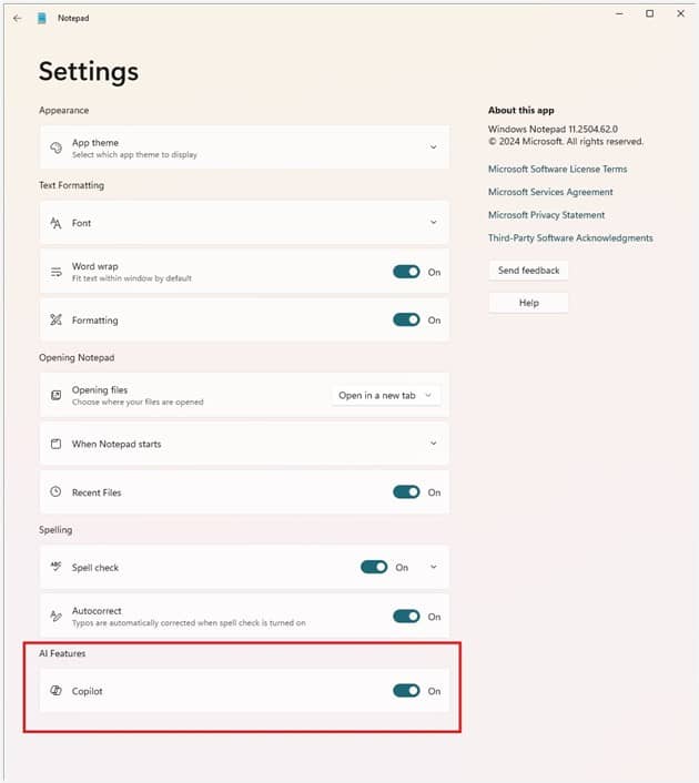 Notepad Settings AI Features Copilot toggle button