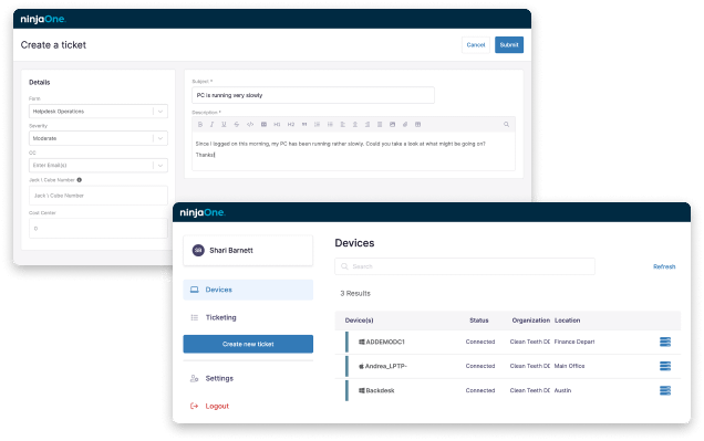 screenshots of NinjaOne dashboard showing VPN-less remote access