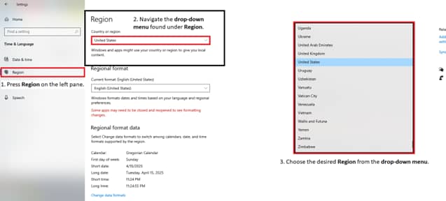 Region settings with drop-down menu