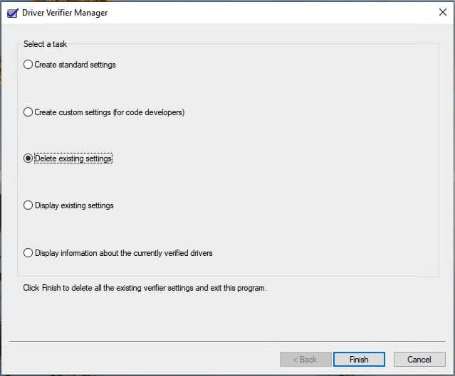 Delete existing settings