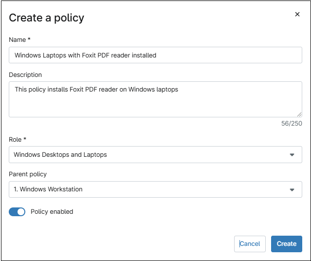 A create a policy dialog box