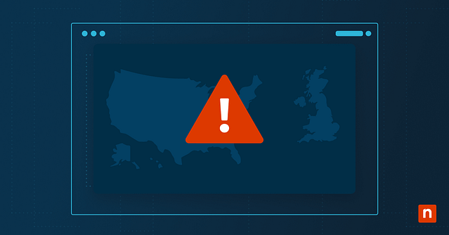 A graphic with an illustration of a red exclamation mark over a map representing Cybercrime & Cybersecurity Statistics for the US & UK