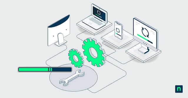 Illustration of endpoints and a patching progress bar representing autonomous patch management