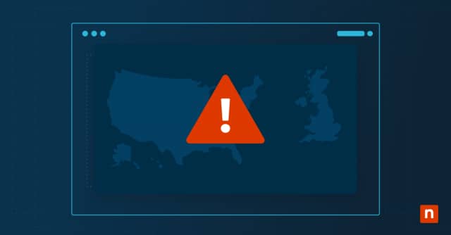 A graphic with an illustration of a red exclamation mark over a map representing Cybercrime & Cybersecurity Statistics for the US & UK