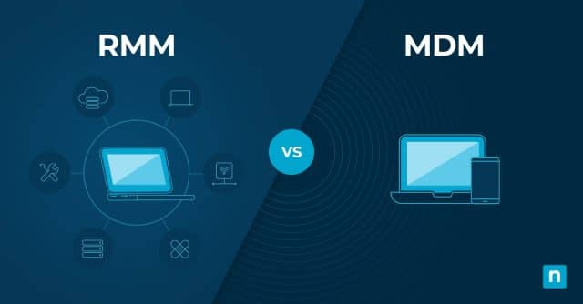 Illustration of rmm features and mdm endpoints divided by a line representing rmm vs mdm