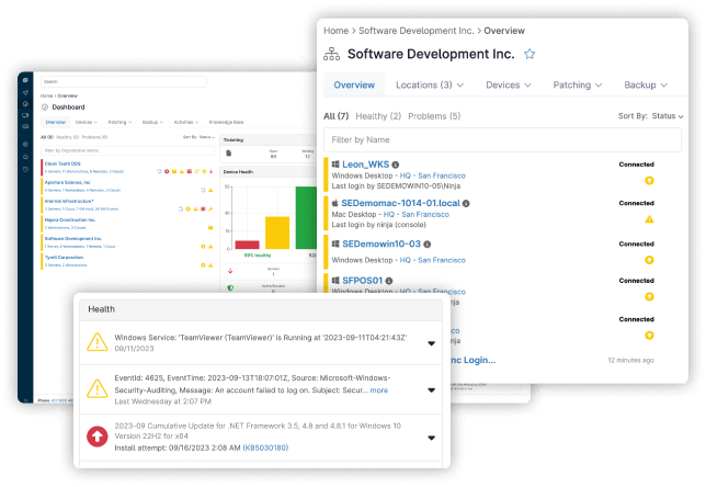 Screenshot of NinjaOne dashboard showing remote monitoring, alerting, and reporting