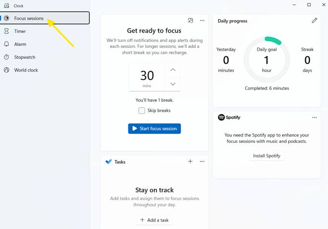 Focus sessions setting on Clock app