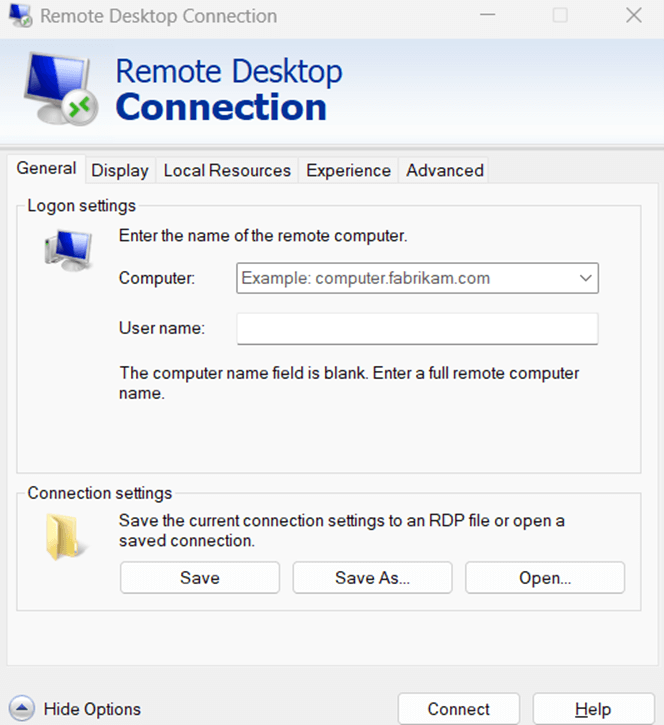 General settings of Remote Desktop Connection