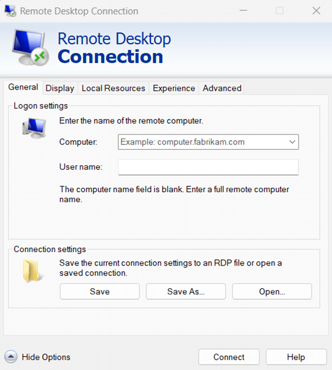 Remote Desktop Connection general settings window