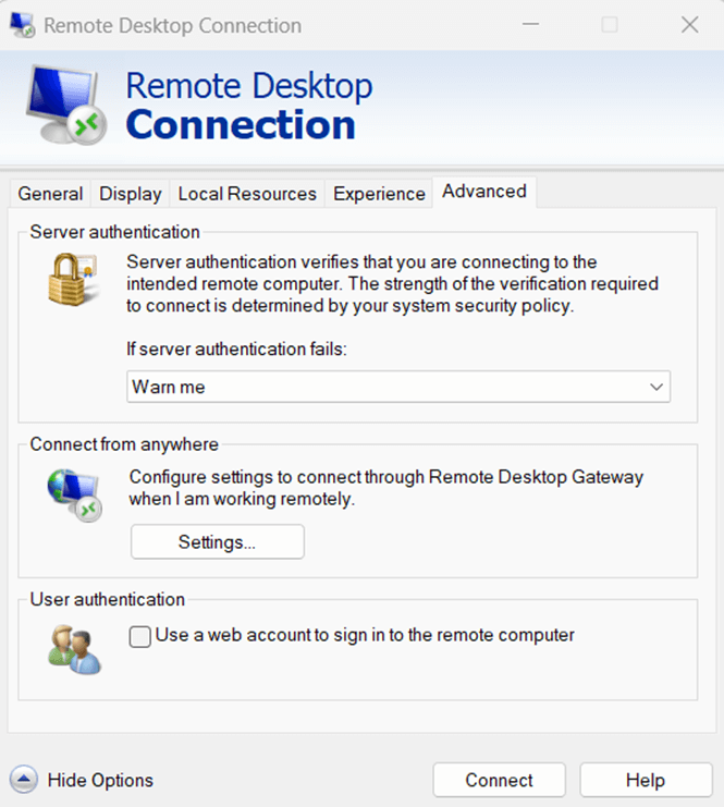 Remote Desktop Connection advanced settings