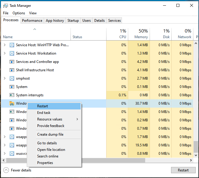 Restart option in Task Manager window