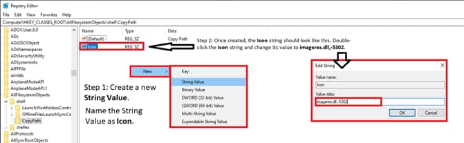 Create a new String Value named Icon and set its value to imageres.dll,-5302. 