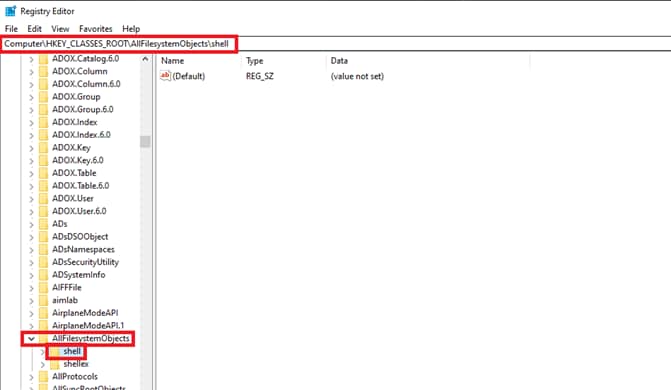 Registry Editor window go to path "HKEY_CLASSES_ROOT\AllFilesystemObjects\shell" and right click "AllFilesystemObjects" select New>Key and name it "Shell"