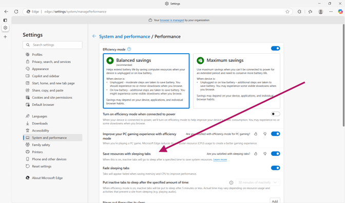 Toggle for Save resources with sleeping tabs