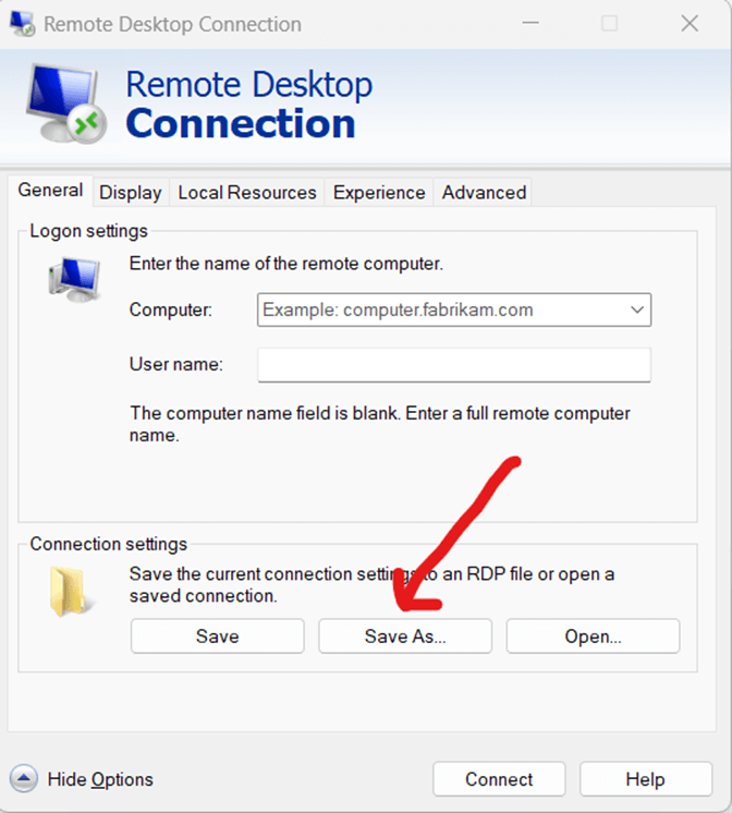 Save connection settings on Remote Desktop Connection window