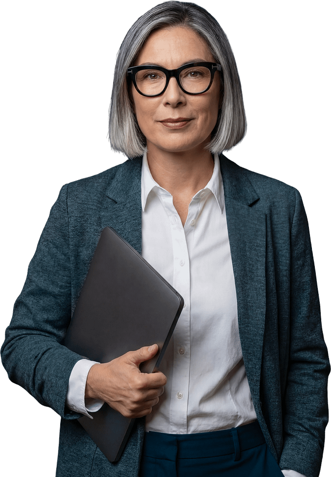 usecases-unify-it-hero-p1 A professional woman with short gray hair and glasses holding a laptop, wearing a blazer
