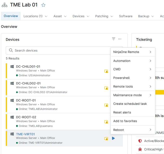 Overview device actions