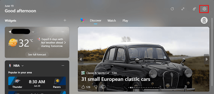 Settings icon on Widgets panel