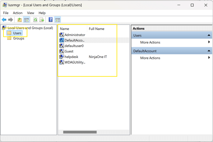 Local Users and Groups. window Click on Users under Local Users and Groups then locate and double click the account name you want to change.