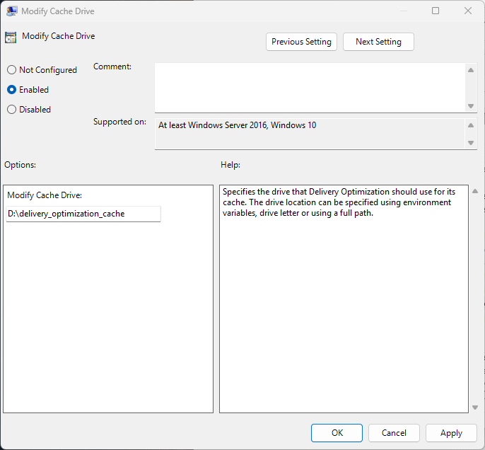 Modify cache drive dialog box