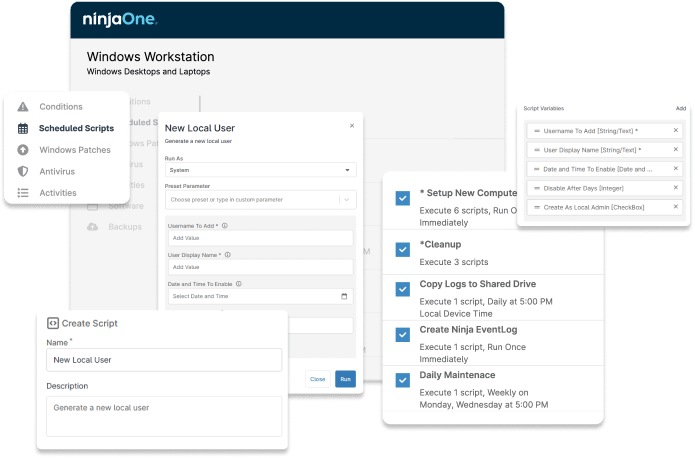 Screenshots of NinjaOne and settings to deploy scripts remotely