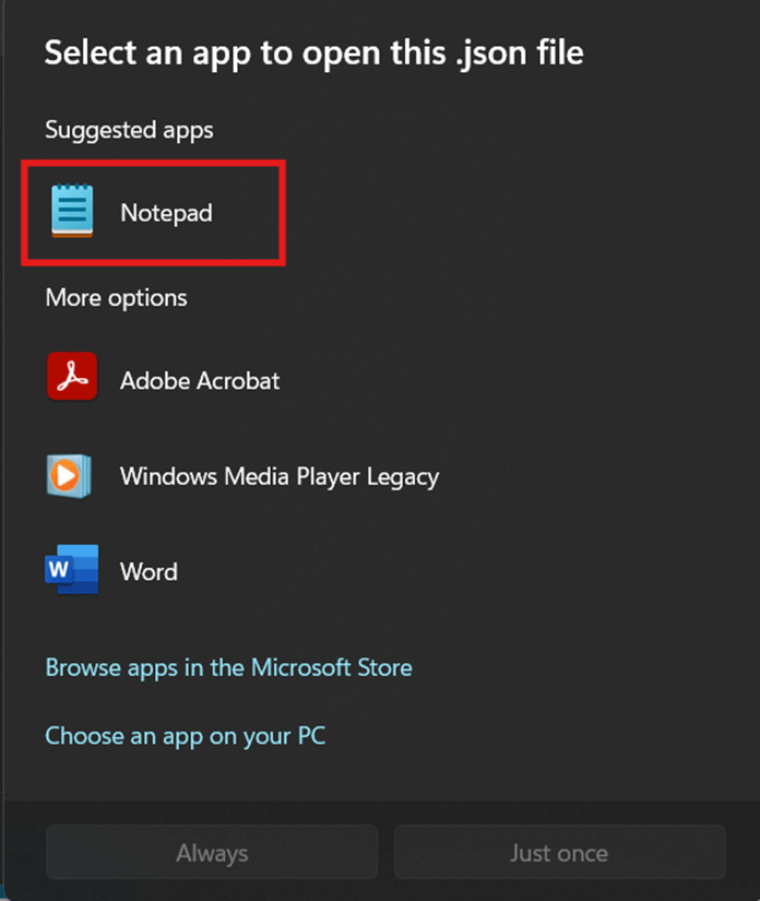 Notepad app to open JSON file 