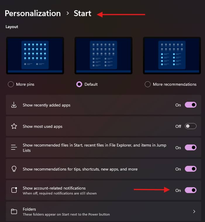 Peronalization settings, start Toggle 'Show account-related-notifications' on or off