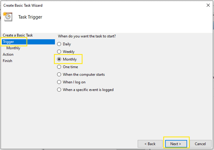 Create Basic Task Wizard setting Trigger to monthly