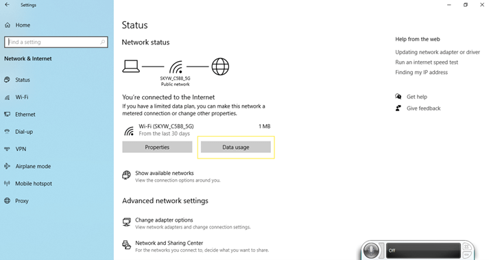 Network Status Data Usage in Settings