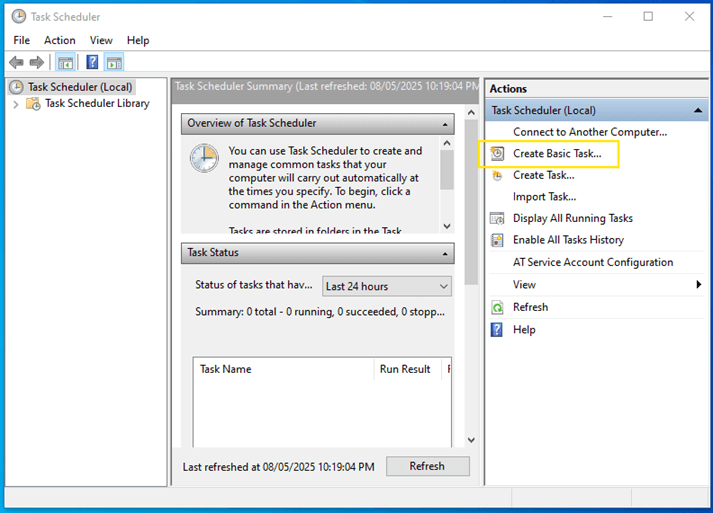 Create basic task action in Task Scheduler