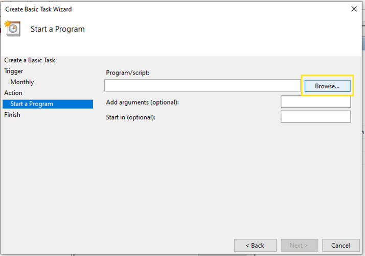 Browse specific program for Create Basic Task Wizard