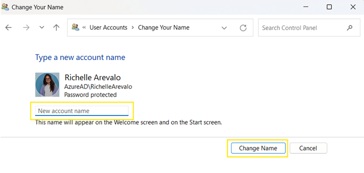 Change your name window, Input your new account name then click change name