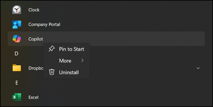 Copilot app shows uninstall option upon right-click