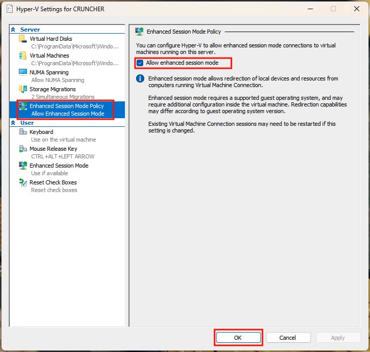 Allow enhanced session mode checkbox