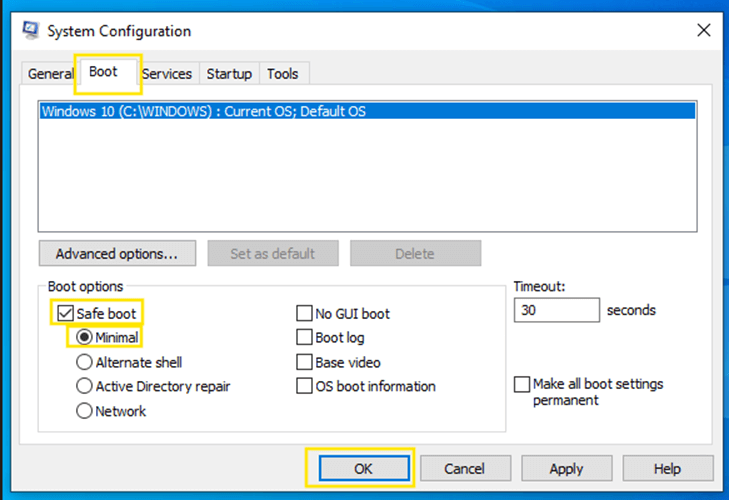 System Configuration Boot tab Safe boot option