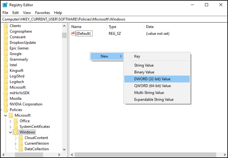 Registry Editor window