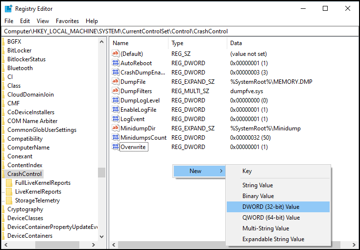Ouvrez RegEdit (Win+R → regedit). Allez dans HKEY_LOCAL_MACHINE\SYSTEM\CurrentControlSet\Control\CrashControl. Dans le volet de droite, créez une nouvelle valeur DWORD (32 bits) nommée AlwaysKeepMemoryDump, définissez sa valeur sur 1, puis fermez l'éditeur.