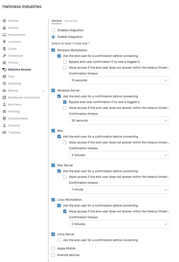 NinjaOne Remote Node Role assignment settings