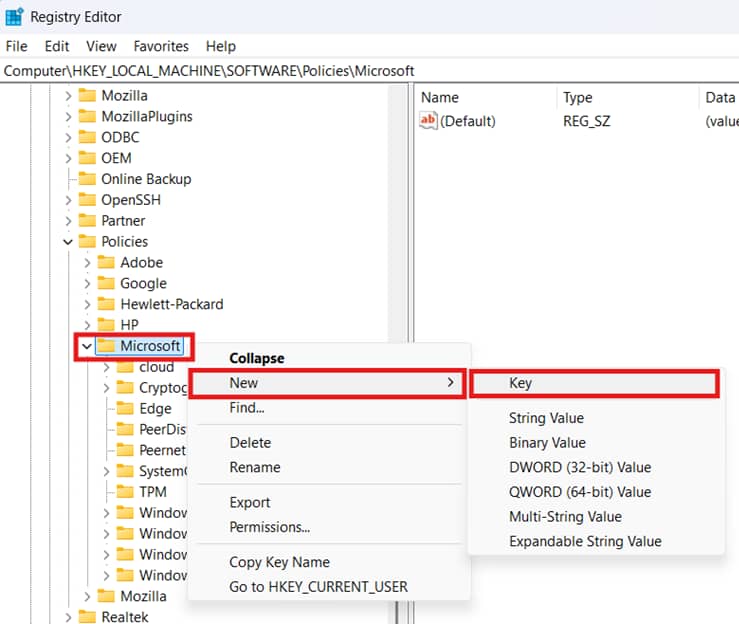 Clicca con il pulsante destro del mouse su Microsoft nel riquadro di sinistra, quindi seleziona Nuovo, chiave.