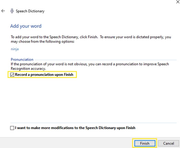 Option to record a pronunciation upon finish to Speech Dictionary