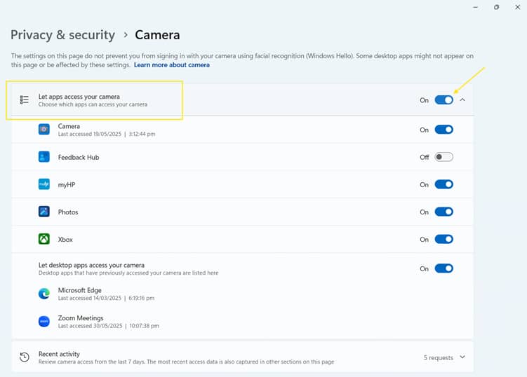 Toggle Camera Access On or Off