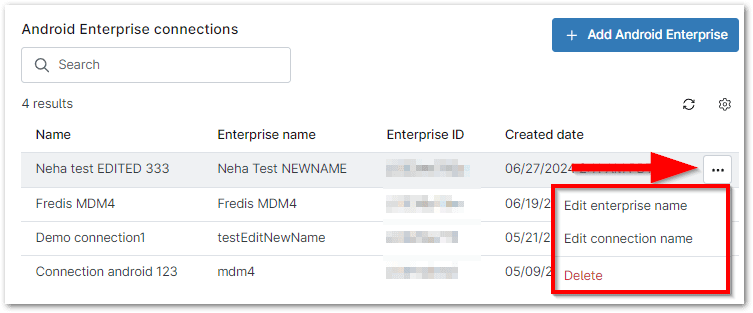 From here, you can edit or delete the connection or Enterprise name